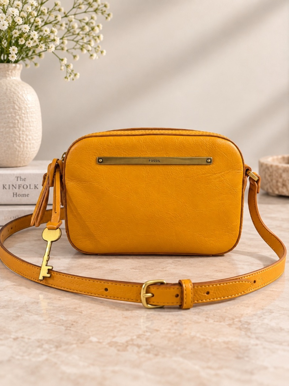 Fossil Liza Leather Camera Bag in a Vibrant Golden Yellow Crossbody Purse